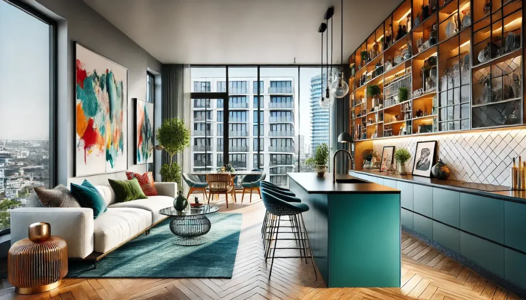 A chic urban apartment with a striking teal kitchen island and colorful artwork throughout the living area.