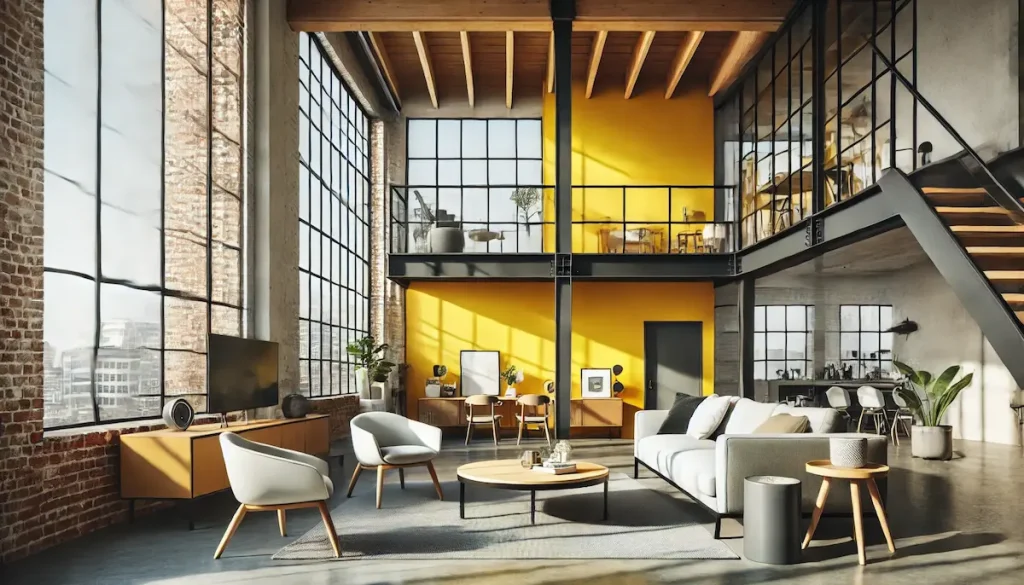 A modern loft in downtown LA featuring a bright yellow accent wall paired with neutral furniture.